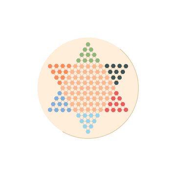 Flat Chinese checkers boardpiece sticker. Checkerboard structured game with colorful tiles and toy elements. Table sticker, combines entertainment, childhood fun, and hobby.