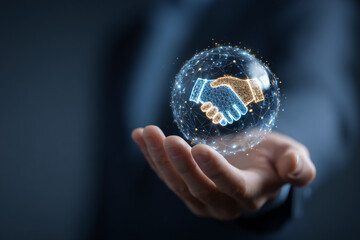 Blue, Gold, Abstract Handshake in Hand. Represents trust and agreements. For presentations, posters, and web design.