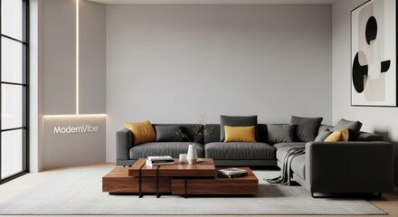 Modern minimalist living room interior with a large grey sofa and yellow pillows.