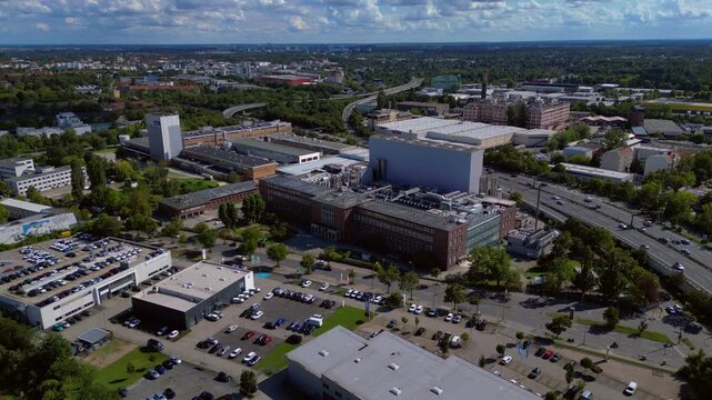 razor factory in Berlin producing cosmetics. Marvelous aerial view flight drone