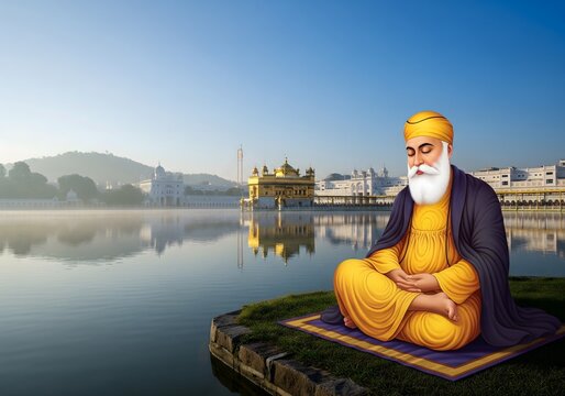 Guru Nanak Meditating at Golden Temple, Amritsar, India  Sikhism, Reflection, Lake, Spiritual, Religion.