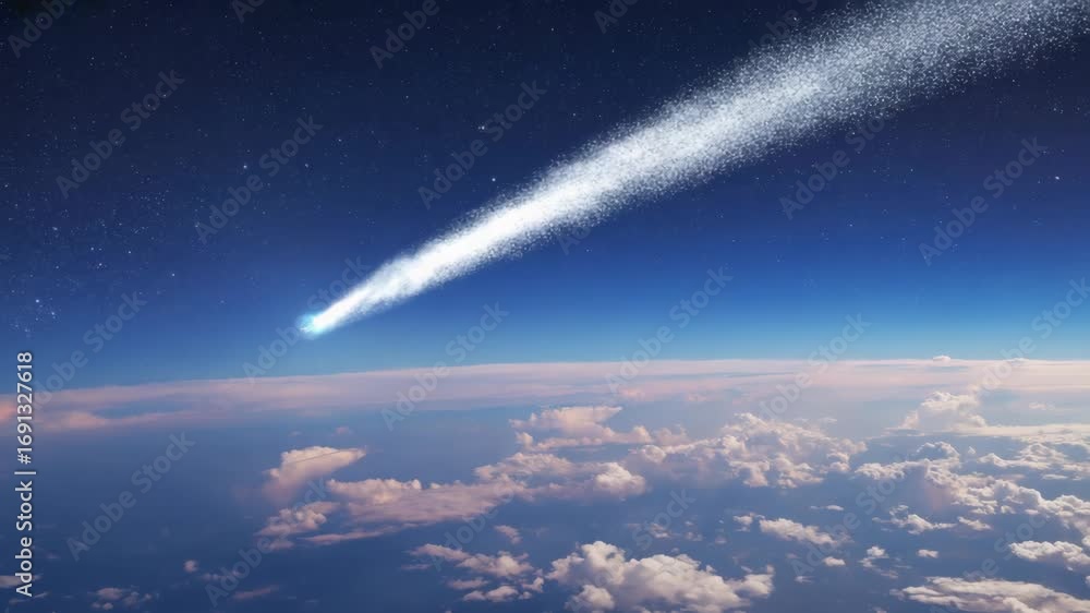 Poster a picturesque view of the night sky, featuring a meteor streaking across with clouds adding depth an