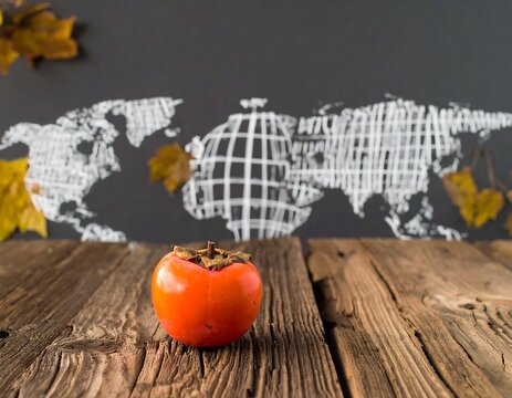 Persimmon on rustic wood, world map background
