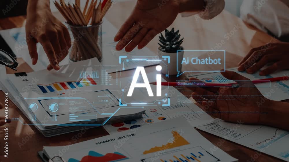 Poster a dynamic office scene showcasing a team engaged in collaboration for artificial intelligence chatbo
