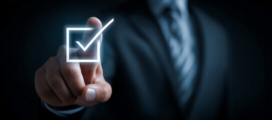 Blue abstract shows checkmark hologram, indicating digital choice. Suitable for technology, finance, or marketing campaigns.