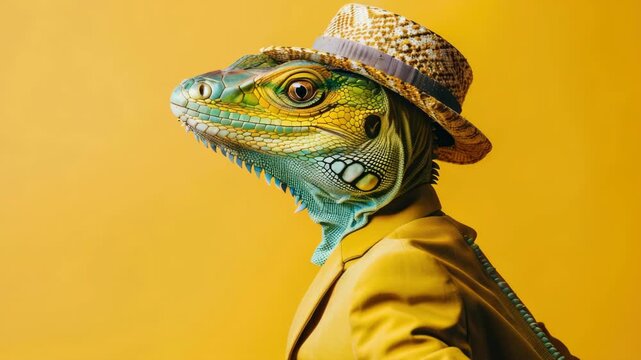 A humorous and vibrant image of an iguana dressed in a straw hat, adding a touch of whimsy and style.