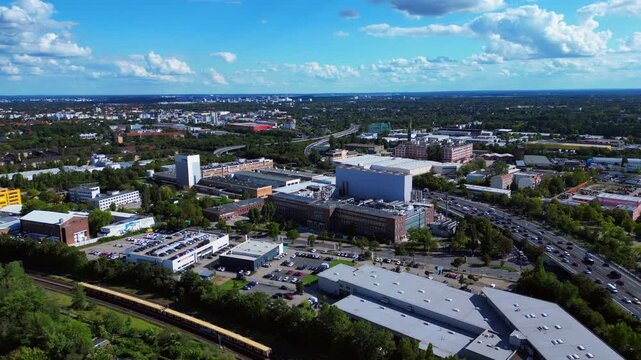 razor factory in Berlin producing cosmetics. Great aerial view flight drone