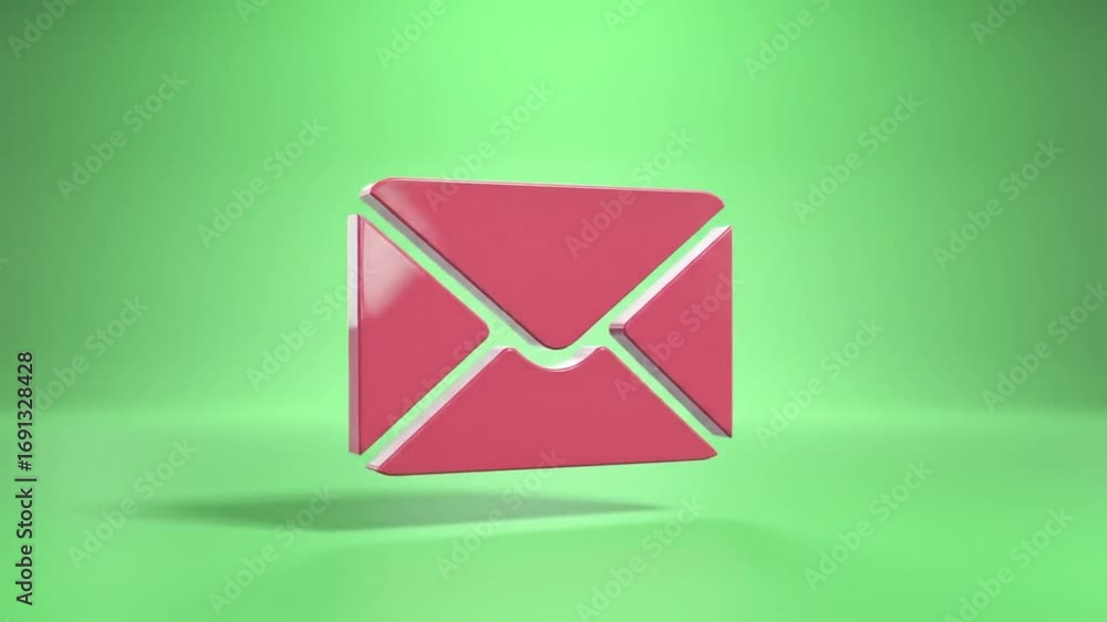 Poster dynamic 3d animated red envelope icon smoothly floats and spins against a vibrant green background, 