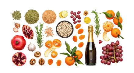 An overhead shot of various fruits, vegetables, legumes, nuts, herbs, and a bottle of sparkling wine on transparent background