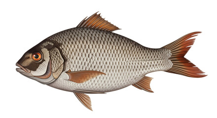 Illustration of a roach fish with detailed scales and orange fins on a black background isolated shot on transparent background