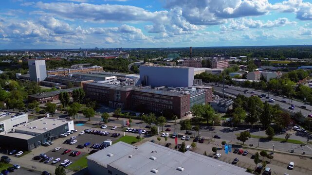 razor factory in Berlin producing cosmetics. Gorgeous aerial view flight drone