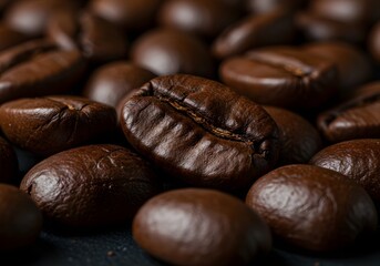 Closeup Roasted Coffee Beans, Macro, Detail Shot, Fresh Aroma, Dark Brown Grains.