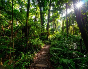Lush jungle path bathed in sunlight