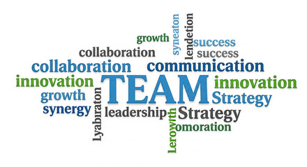 Word cloud with "TEAM" at the center, surrounded by business collaboration and success terms, isolated transparent background.