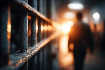 A blurred figure walks toward bright light through gritty prison bars.