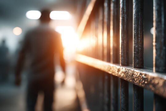 A blurred person walks towards bright light behind dark, rusty prison bars.