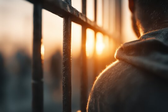 Rear view of a man looking through metal bars at a glowing sunset, seeking hope.