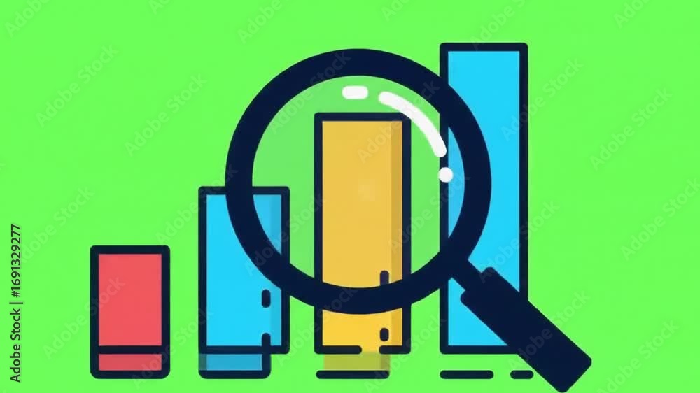 Poster dynamic visual representation of data analysis with a magnifying glass examining colorful bar graphs