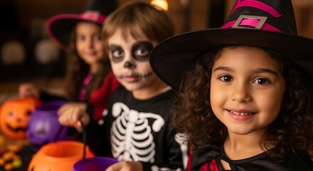 Cute children in halloween costumes ready for trick or treating festive spooky fun