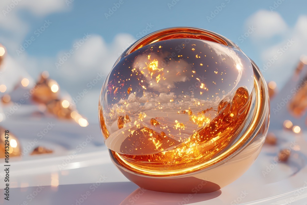 Poster a mesmerizing transparent sphere filled with sparkling golden liquid, reflecting a serene sky on a p