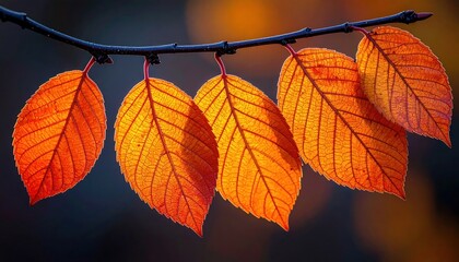 Obraz premium Close Up View Of Illuminated Orange Leaves On A Dark Branch Against Blurred Background