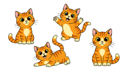 Obraz premium Four cartoon orange tabby cats in various poses sitting playing and standing with happy expressions