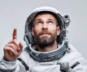 A man in a spacesuit looks upward, pointing with one finger at a distant goal.