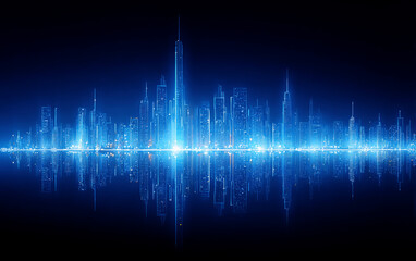 Obraz premium Blue Glowing City Skyline with Reflection at Night