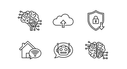 Collection of ai icons depicting brain, cloud, security, home, robot, and artificial intelligence