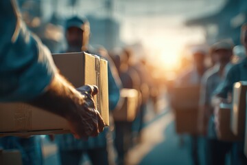 Dedicated logistics team passing a package with dynamic glowing streaks