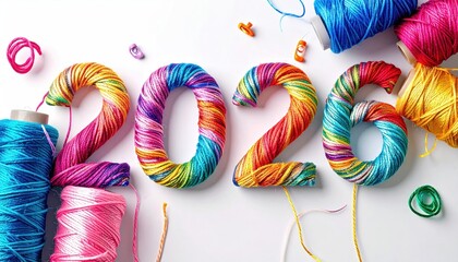 Colorful Yarn-Wrapped 2026 Text with Spools on White Background Studio Shot