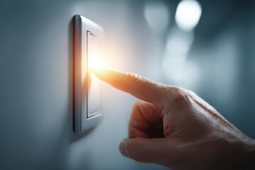 A human finger presses a glowing light switch, symbolizing a bright new idea.