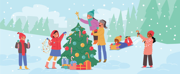 Happy children decorating Christmas tree outdoors, having winter fun activity cartoon scene