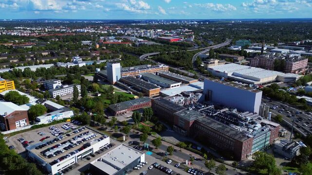 razor factory in Berlin producing cosmetics. Best aerial view flight drone