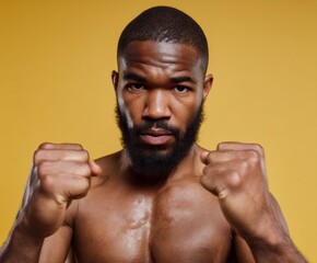 Determined athlete, fists clenched, displays strength and focus against a vibrant yellow backdrop.
