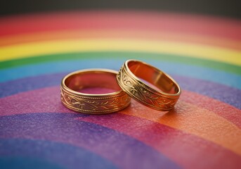 Wedding Rings on Rainbow Background LGBTQ+ Marriage, SameSex Wedding Bands, Love, Unity, Symbolism, Pride