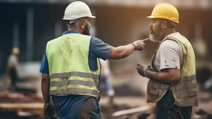 Two men wearing safety vests and hard hats are talking to each other. One of them is pointing at something - Powered by Adobe