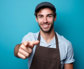 A cheerful man in a striped shirt and brown apron points directly at the viewer, displaying a friendly and inviting expression against a vibrant backdrop.