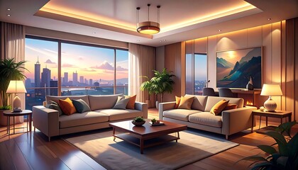 Fototapeta premium Modern living room with city view (2)