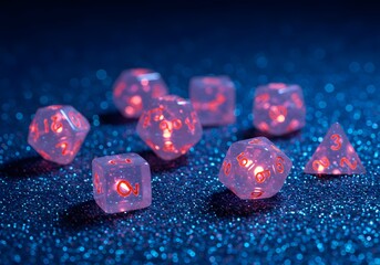 Glowing RPG Dice Set on Blue Glitter Background  Fantasy Gaming, Tabletop Games, Dice Rolling.