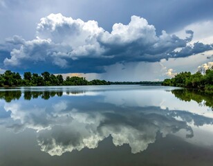 Dramatic Cloudy Sky Reflecting on Calm Lake Surface with Lush Green Trees