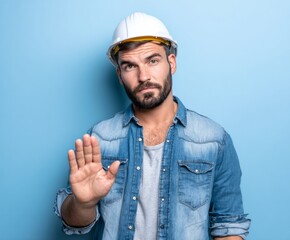 A man in a denim shirt and hard hat, displays a stop gesture against a vibrant light-blue background.