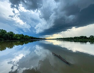 Dramatic Storm Clouds Reflecting on Still Water Landscape with Green Trees and Atmospheric Lighting