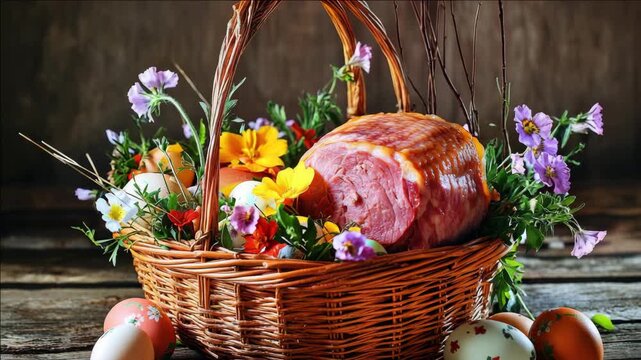 Colorful Easter basket filled with flowers, ham, eggs and fresh vegetables. Seasonal celebration of spring.