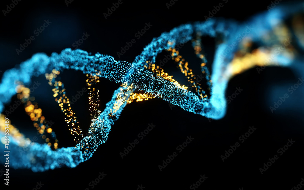 Poster close-up view of a dna double helix structure with glowing elements