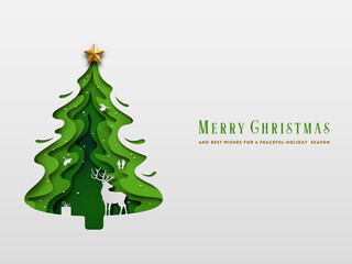 Christmas Greeting Card Design. Paper art craft, Deer in forest with snow and birds. Overall composition appears as Christmas tree. Vector illustration.
