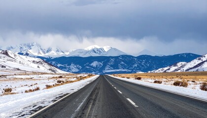 Empty Road Leading Towards Snowy Mountains under Overcast Sky Winter Landscape