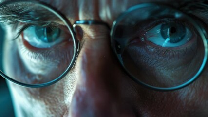 Intriguing look of a man in close-up portrait with glasses, evoking mystery and suspense. Highly detailed, suitable for film or theatrical promotion.