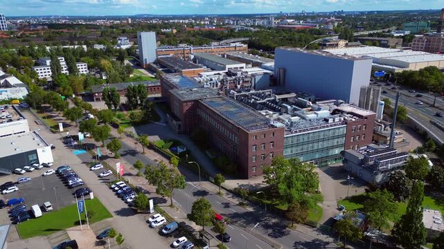 razor factory in Berlin producing cosmetics. Unique aerial view flight drone