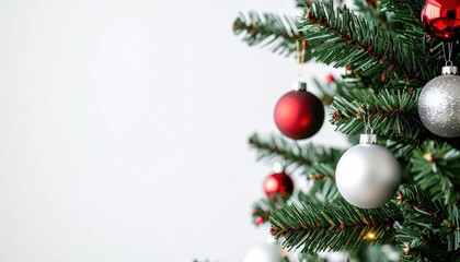 Festive Christmas Tree Display with Red and Silver Ornaments Against White Background